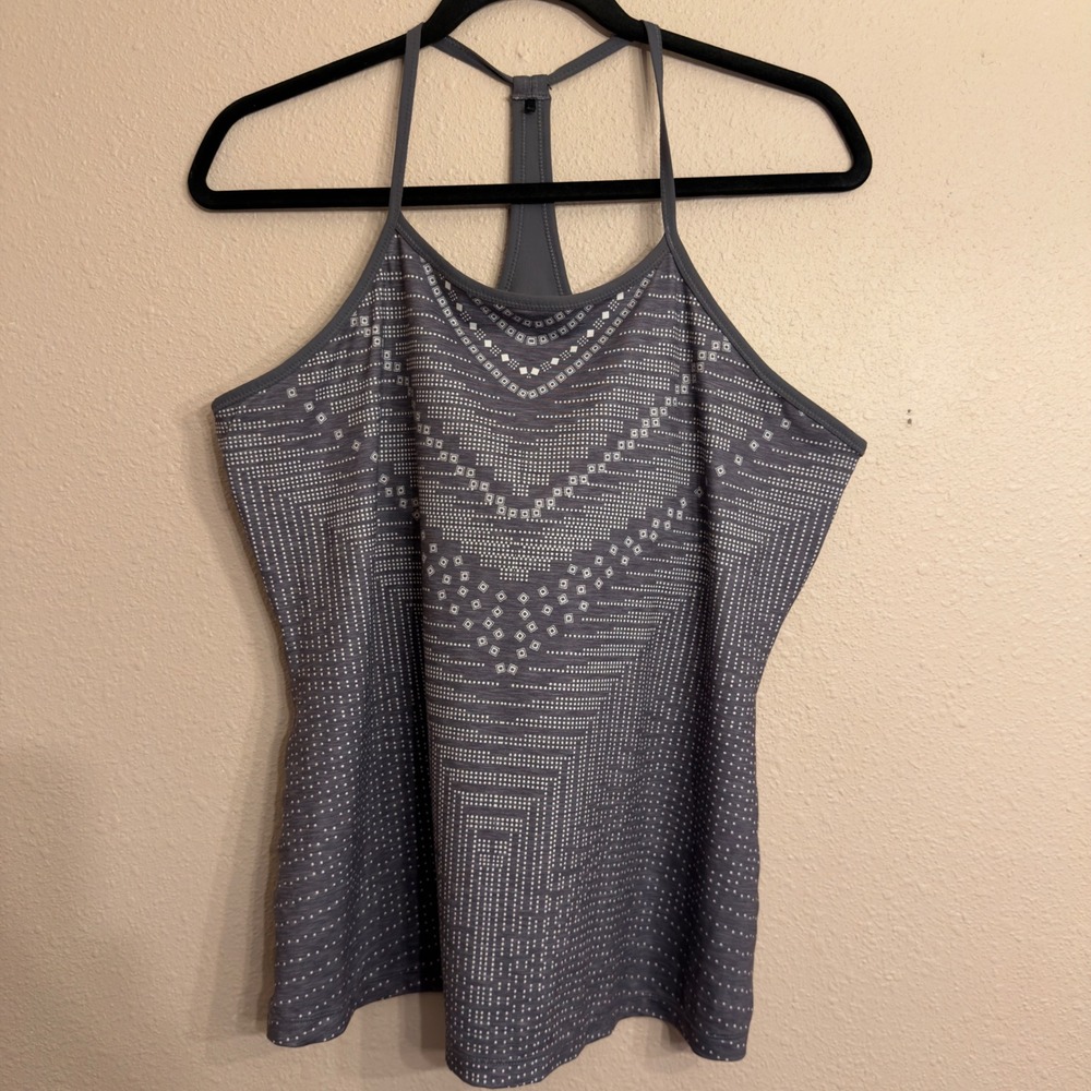 Prana Womens Grey Geometric Print Racerback Tank Top with Built-in Shelf Bra L